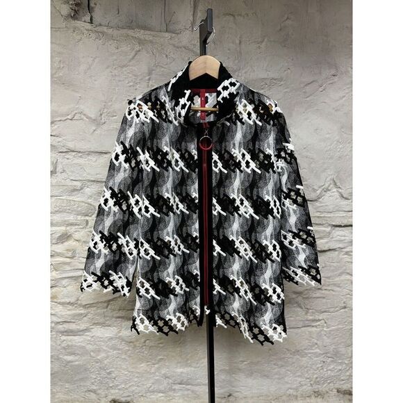 IC by Connie K Jacket Swing Coat Mesh Abstract Geometric Cutouts Full Zip - Picture 1 of 8